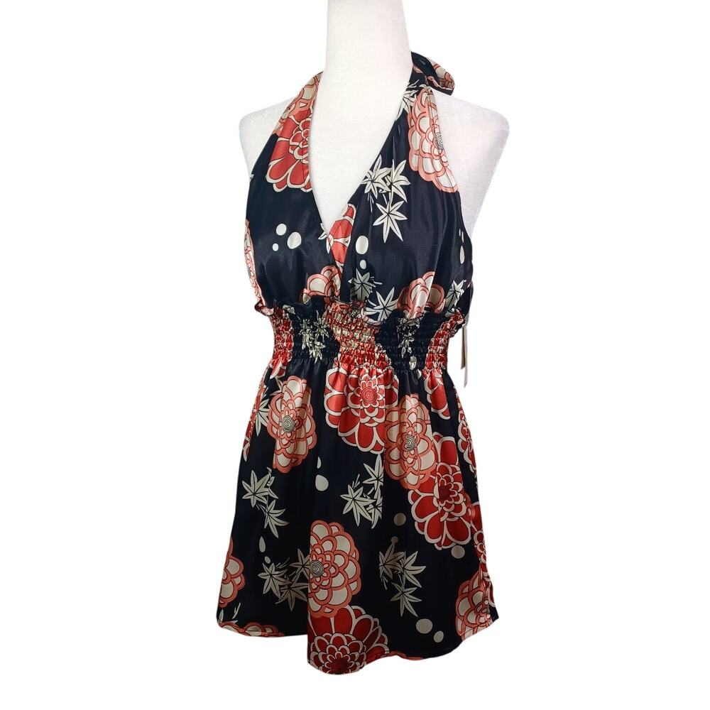 Vtg Jonathan Martin Halter Top Size M Y2K Floral Babydoll Satin Tie Neck Smocked